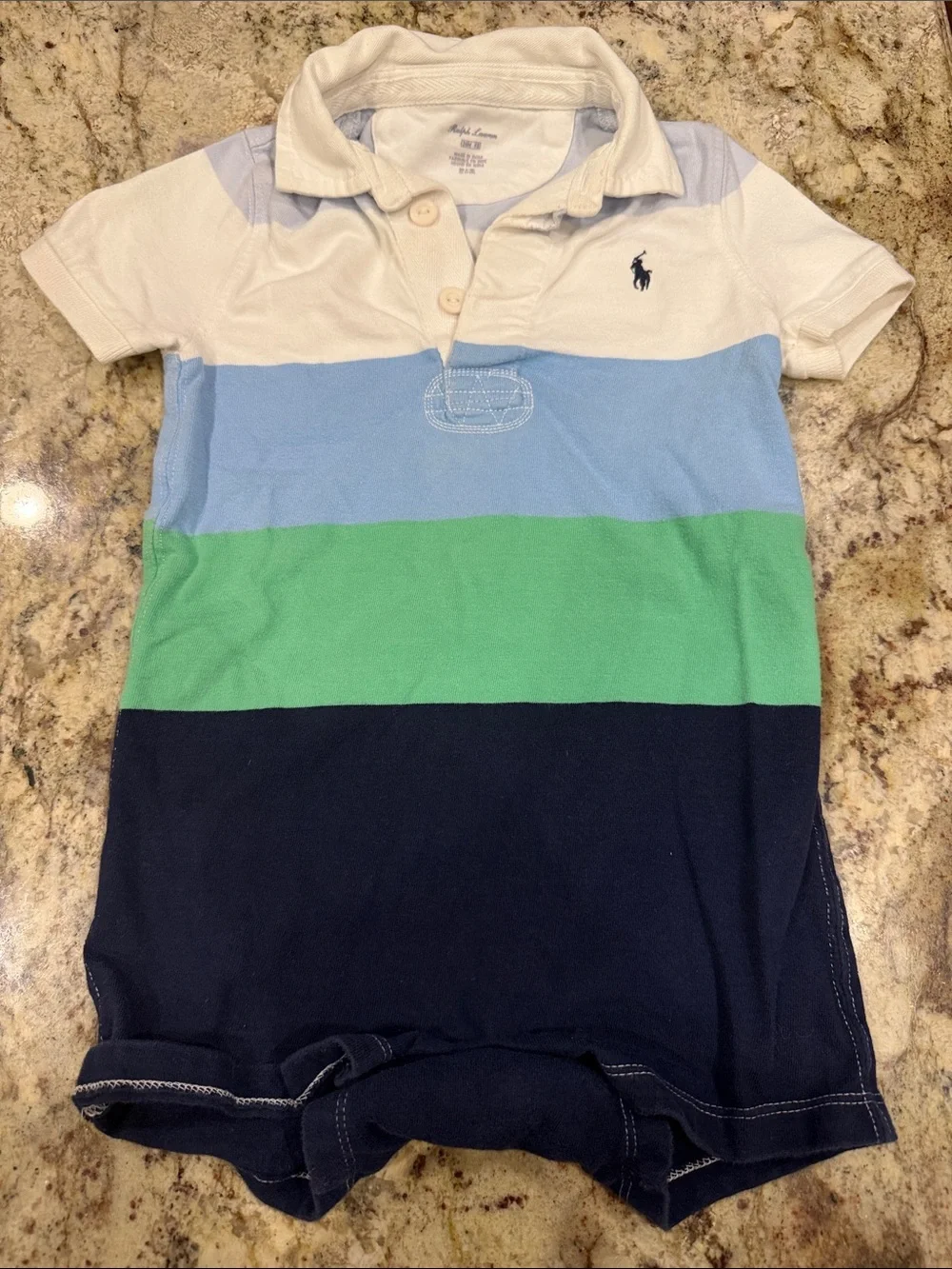 Ralph Lauren White, Light Blue, Green & Navy Striped Polo Romper